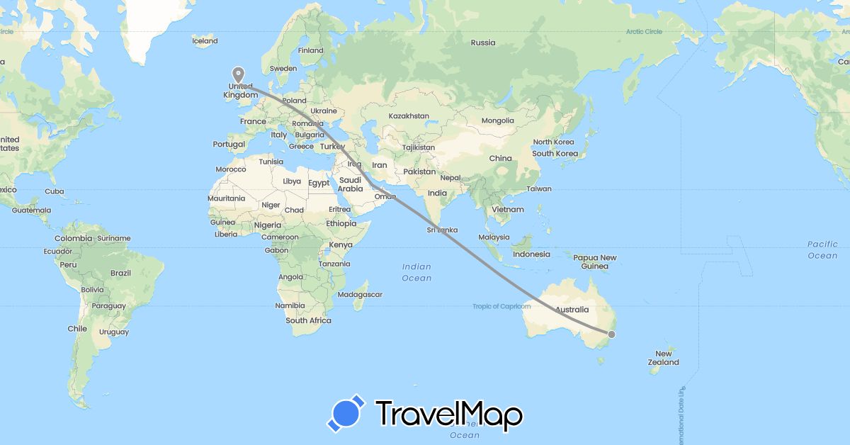 TravelMap itinerary: driving, plane in Australia, United Kingdom, Qatar (Asia, Europe, Oceania)